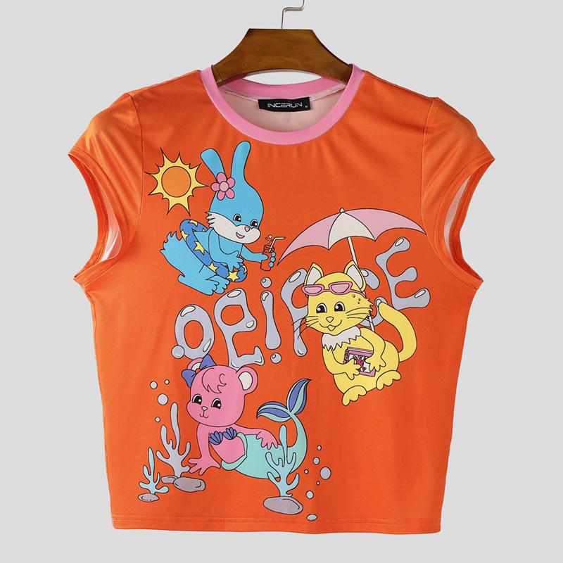 

INCERUN Summer Men O Neck Sleeveless Cartoon Cute Casual Cropped Tank Tops S оранжевый