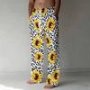 Men White Leopard Sunflower Mixed Print Drawstring Straight Pants With Side Pockets Bohemian Bottoms