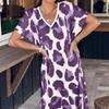 Women Summer T-shirt Shift Dress Leopard Print Short Sleeve V Neck