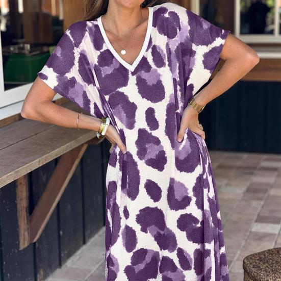Women Summer T-shirt Shift Dress Leopard Print Short Sleeve V Neck