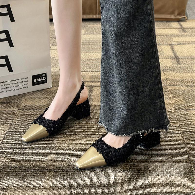 Fragrant Style Color Matching Square Head Thick Heel High Heel Single Shoes Women's 2025 New Elegant Temperament Light Mouth Empty Bag Head Sandals