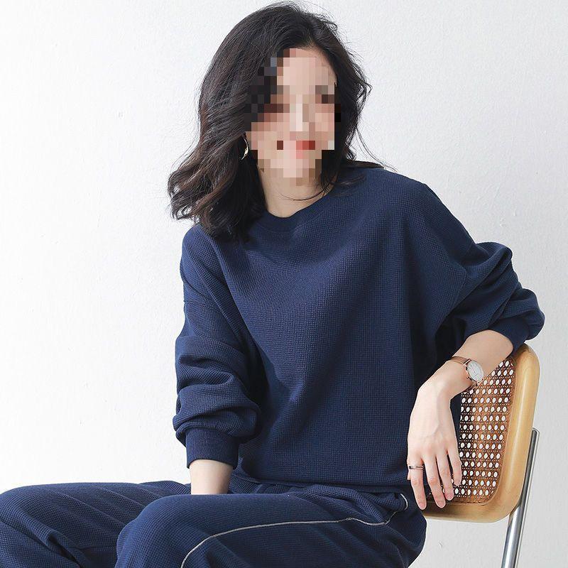 Women's Two-Piece Grey Plaid & Solid Waffle Hoodie Set - Korean Casual Style for Spring & Autumn