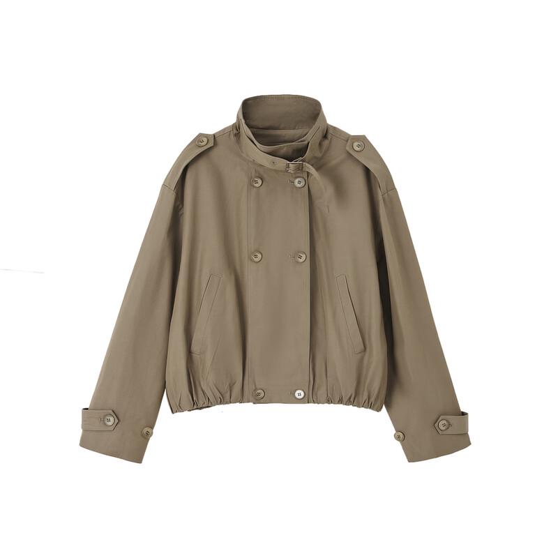 Women's Double-breasted Stand-up Lapel Short Trench Coat with Optional Padding