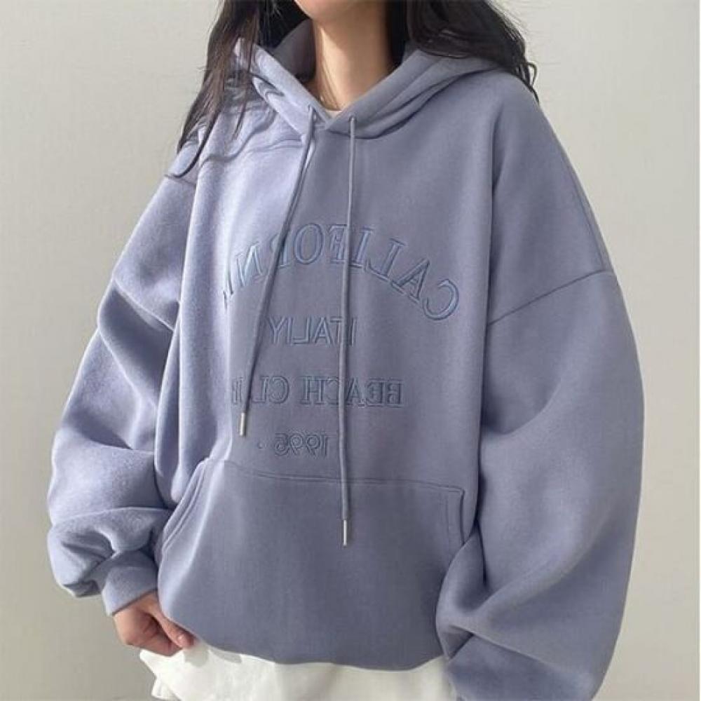 Navava Unisex Lettering Embroidery Long Sleeve Loose Fit Hoodie Nt2975