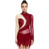 Damen Funkelndes Strass-Trikotkleid Durchsichtiges Netz Langarm Rollkragen Farbblockierung Asymmetrischer Saum für Eiskunstlauf Lateinische Performance