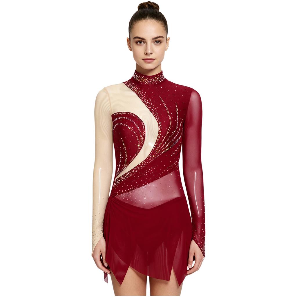 Damen Funkelndes Strass-Trikotkleid Durchsichtiges Netz Langarm Rollkragen Farbblockierung Asymmetrischer Saum für Eiskunstlauf Lateinische Performance