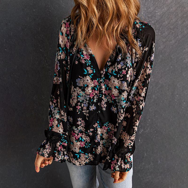 Spring & Fall New Arrival Floral V Neck Long Sleeves Chiffon Shirt European and American All-Matching Single-Breasted Thin Pullover Shirt for Women