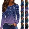 Moda feminina casual fenda bainha gola redonda manga comprida solta estampa camiseta feminina top natal