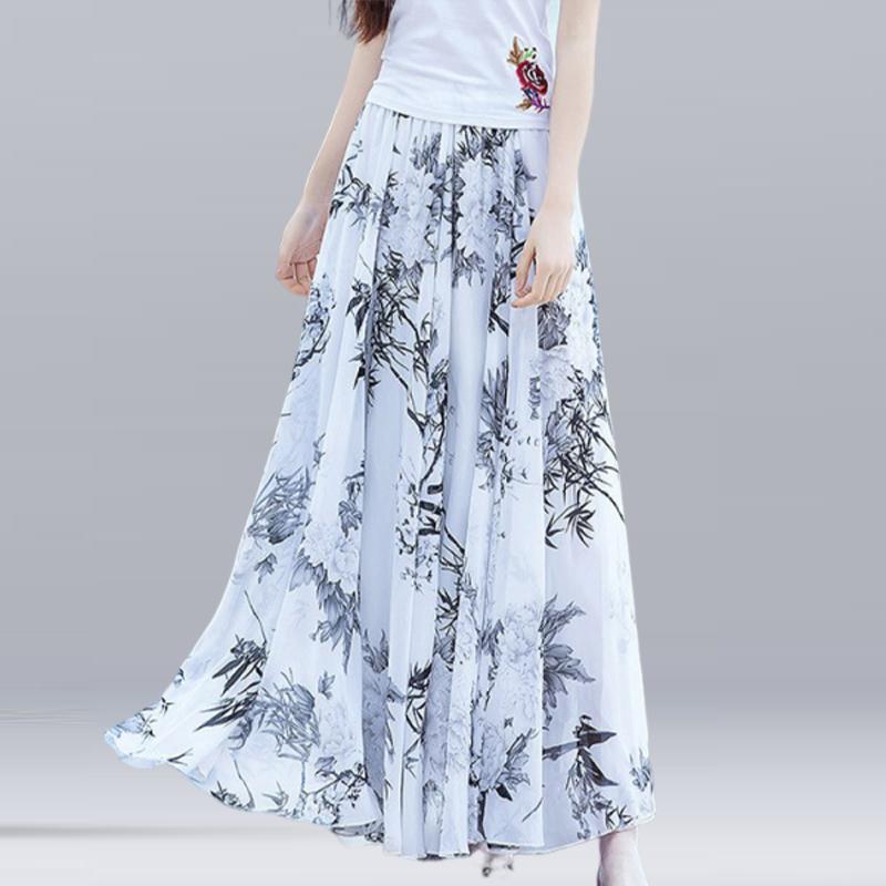Women Summer Chiffon Skirts Summer Plus Size Bohemian Floral Big Swing Female Beach Long Skirt A-line Faldas