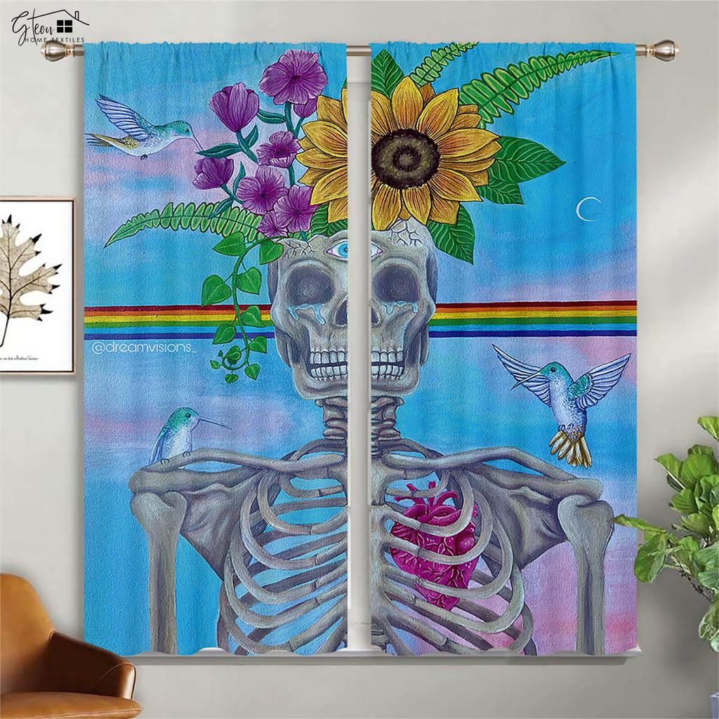 Blackout Insulation Curtains Floral Skull Print Curtains Suitable for Halloween Restaurant Living Room Party Decoration Curtains