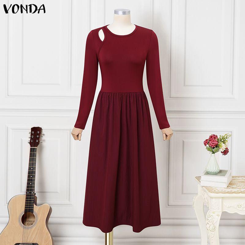 

VONDA Женское платье с круглым вырезом, вырезами, вставками, длинными рукавами, приталенное по талии, длинное, плиссированное 2XL вино красного