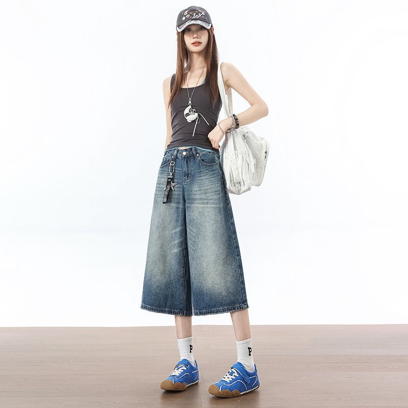 Trendy Summer High Waist Slim Vintage Blue Wide Leg Denim Cropped Capri Pants Loose Straight Versatile Slimming Daily Wear