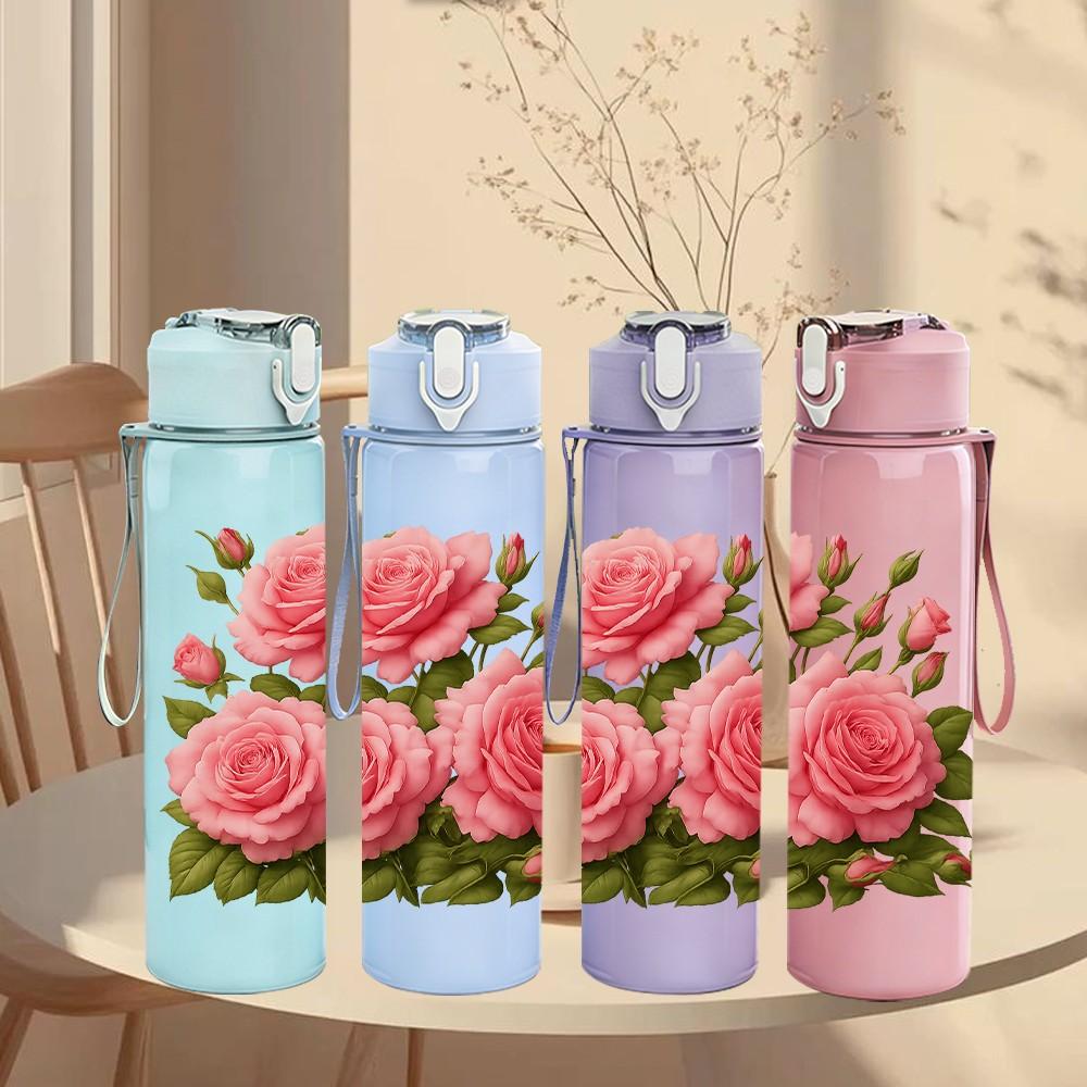 1PC Pink Rose Bouquet Floral Print 750ml Color Plastic Sports Water Bottle Leakproof Flip Straw Lid Suitable for Sports Office Home Use