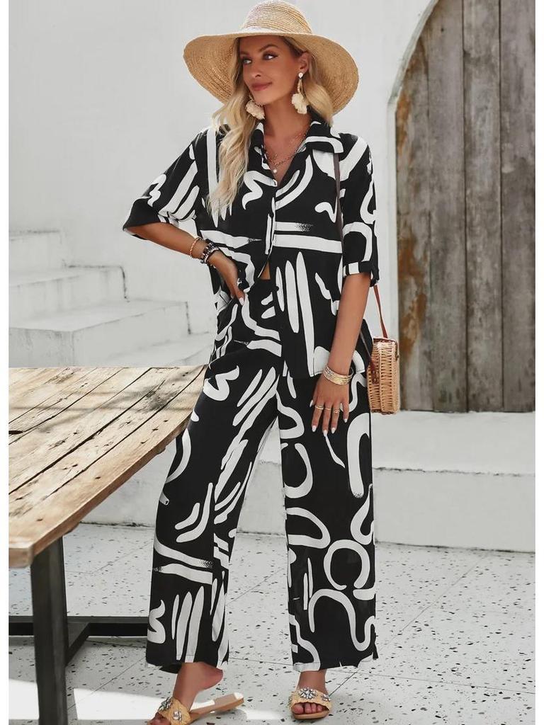 Diyun Pomichia Damen Frühling/Sommer 2025 Lässiger bedruckter Hosenanzug mit kurzen Ärmeln