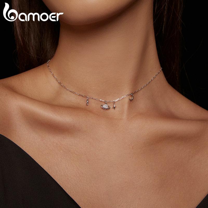BAMOER 925 Sterling Silver Exquisite Shine Zircon Starry Sky Necklace for Women Birthday Gift Fashion Jewelry
