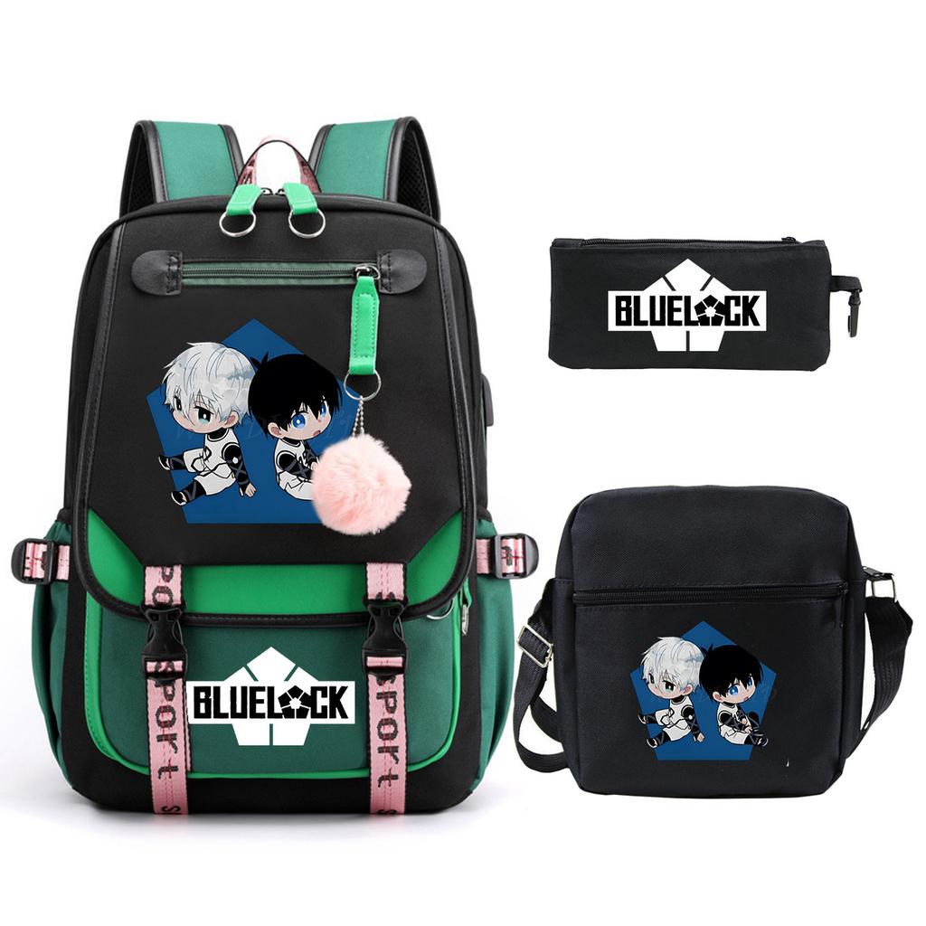 Blue Prison Student School Bag Large Capacity Children'S Shoulder Bag Casual Pencil Bag Set