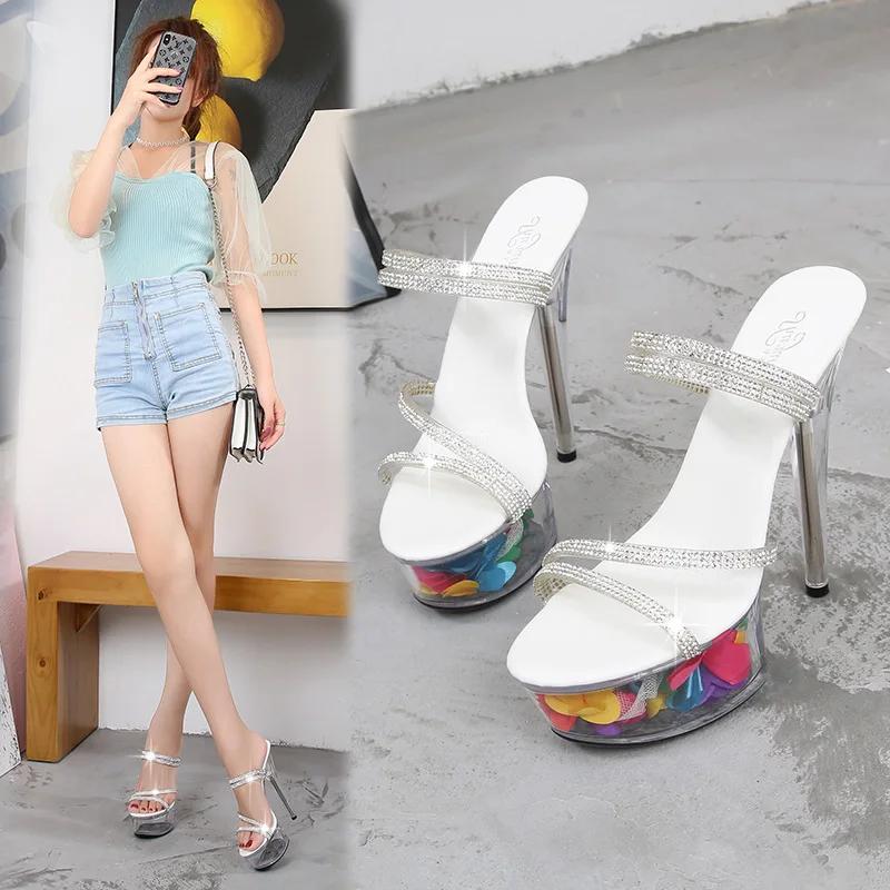 Fashion 34-43 size sexy high heels 13CM15CM thin heel waterproof platform sandals transparent crystal shoes wedding shoes women slippers