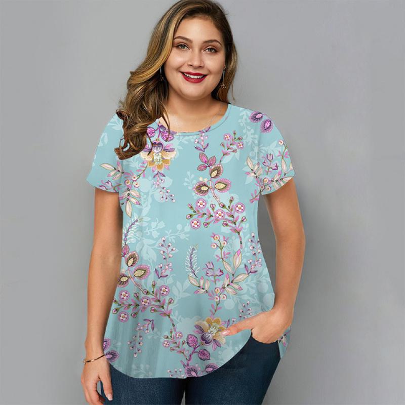 Summer O-Neck Womens T-Shirt Oversized Clothes Harajuku Casual Loose Top Floral Print Funny T-Shirt for Ladies Pullover Street