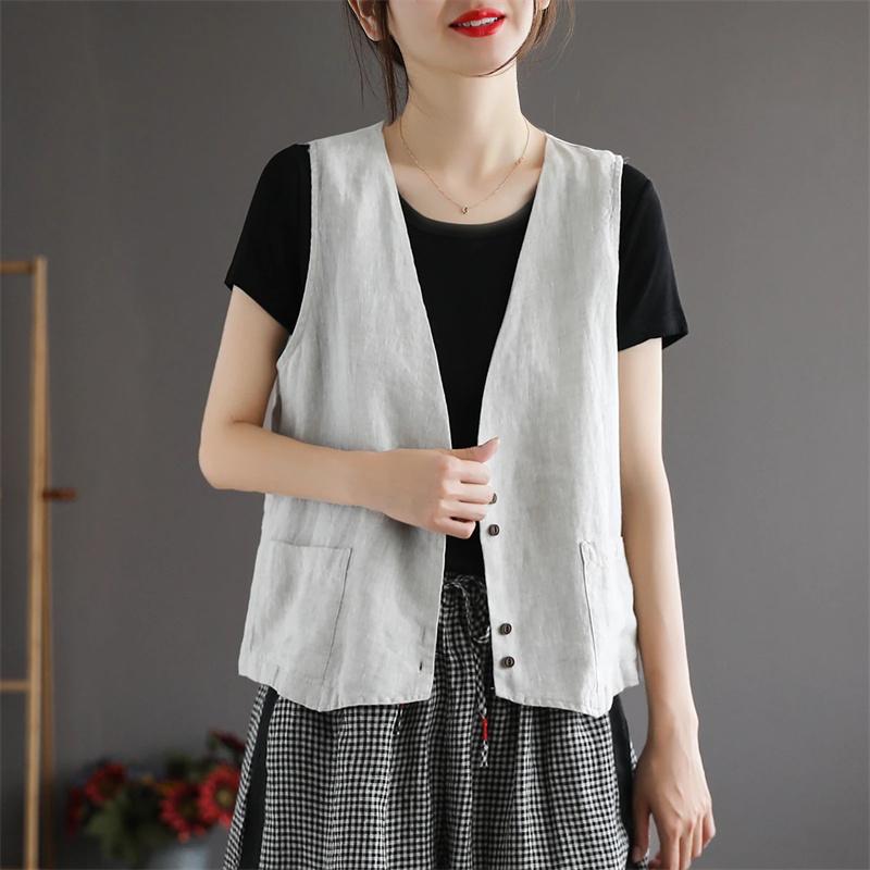 Summer Retro Cotton Vest Women's Loose Thin Versatile Sleeveless Coat Solid Color Casual Waistcoat Tops Cardigan Short Jackets