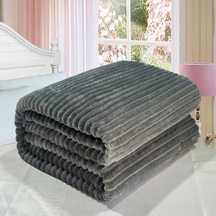 Thickened Flannel Striped Velvet Blanket, Plain Color Coral Fleece