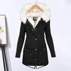 Winter Women Windproof Jacket Mid Length Slim Fit Cotton Coat Plus Size Faux Fur Hood Fleece Lined Zip Up Press Button Closure Outerwear