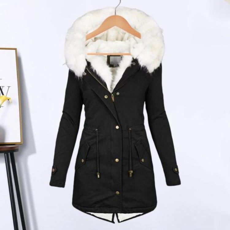 Winter Women Windproof Jacket Mid Length Slim Fit Cotton Coat Plus Size Faux Fur Hood Fleece Lined Zip Up Press Button Closure Outerwear