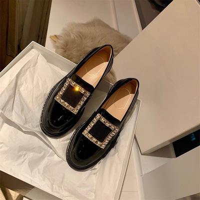 Cowhide Version~ Genuine Leather Thick-soled Women's Flash Diamond Square Buckle Lazy One-pedal Small Leather Shoes Women's Single Shoes