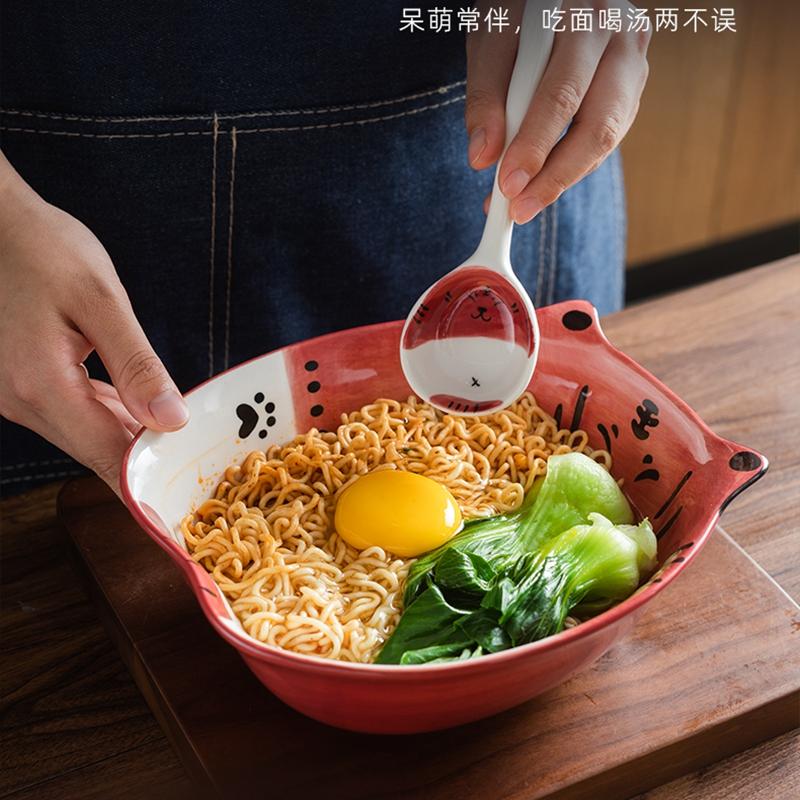 7,8 Zoll Große Nudelschüssel Keramik Suppen-Ramen-Schüssel Cartoon Tiger Schüssel Löffel für Kinder Mikrowellengeeignet