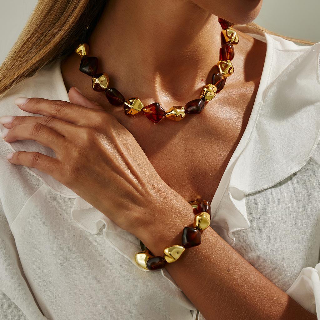Irregular Acrylic Resin Necklace Bracelet Jewelry Set for Women Vintage Beads Chain Choker Bangle Gift