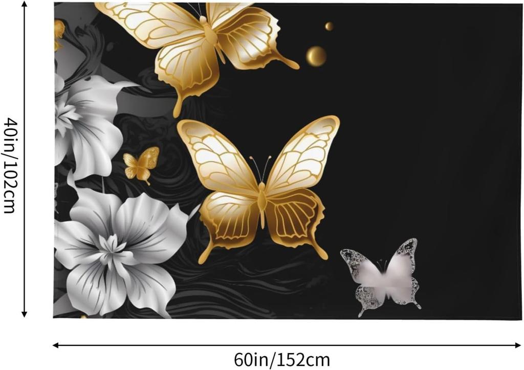 Tapestry Wall Hanging Posters Peach Velvet Art Wall Backdrop Posters Gold White Butterflies Black Wall Art No Damage For Home