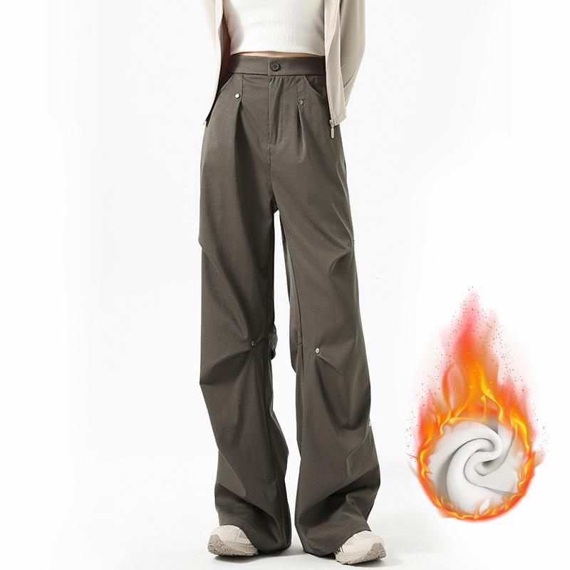 Autumn and winter velvet overalls women's new thermal pants high waist loose casual pants small wide leg straight pants