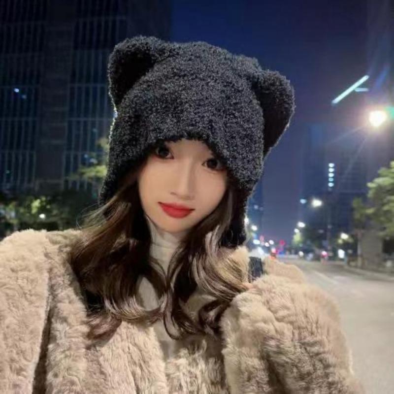 Cute bear ears plush hat women's winter versatile face small warm ear protection hat big head circumference knitted knitted hat