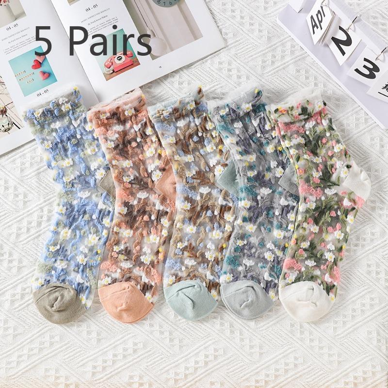 5 Pairs of Women's Summer Super Thin Polka Dot Cotton Sole Anti Hook Embroidered Clear Crystal Stockings