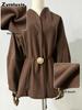 Autumn/Winter New Arrivals Elegant Brown Cinched Waist Wool Blend Coat for Women