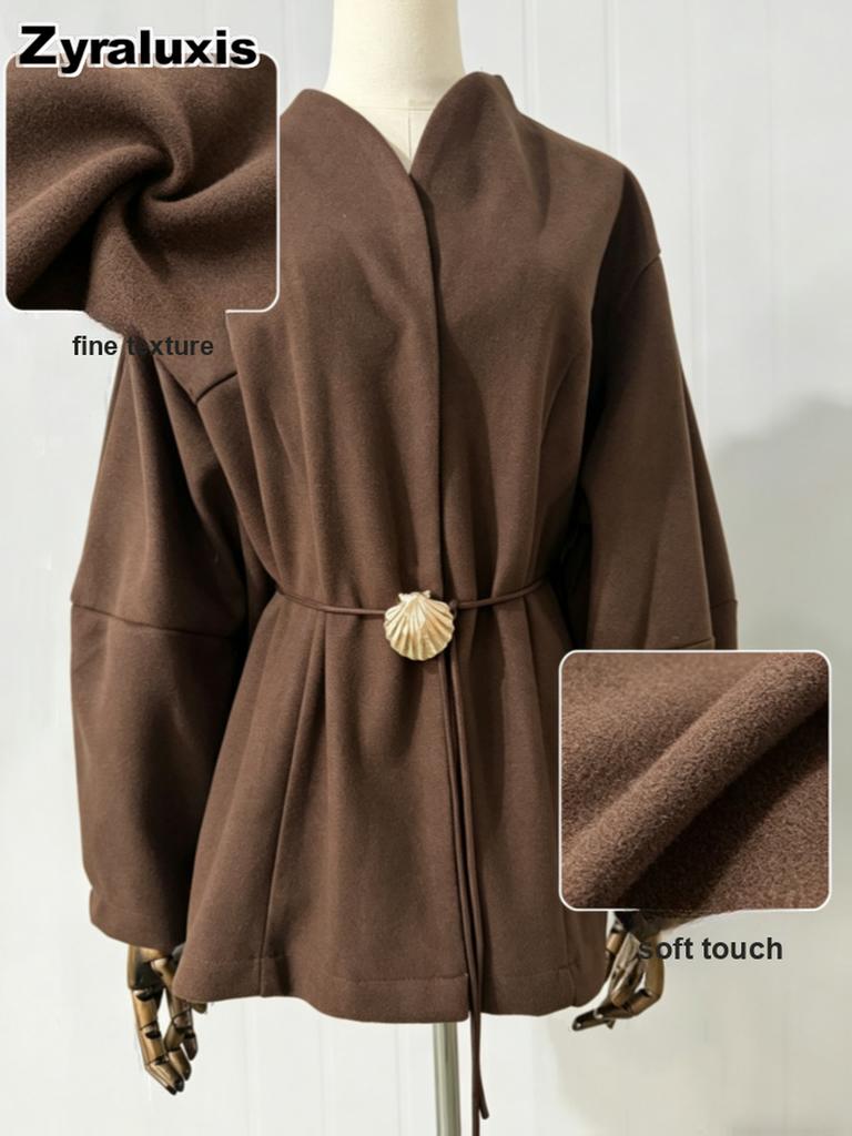 Autumn/Winter New Arrivals Elegant Brown Cinched Waist Wool Blend Coat for Women