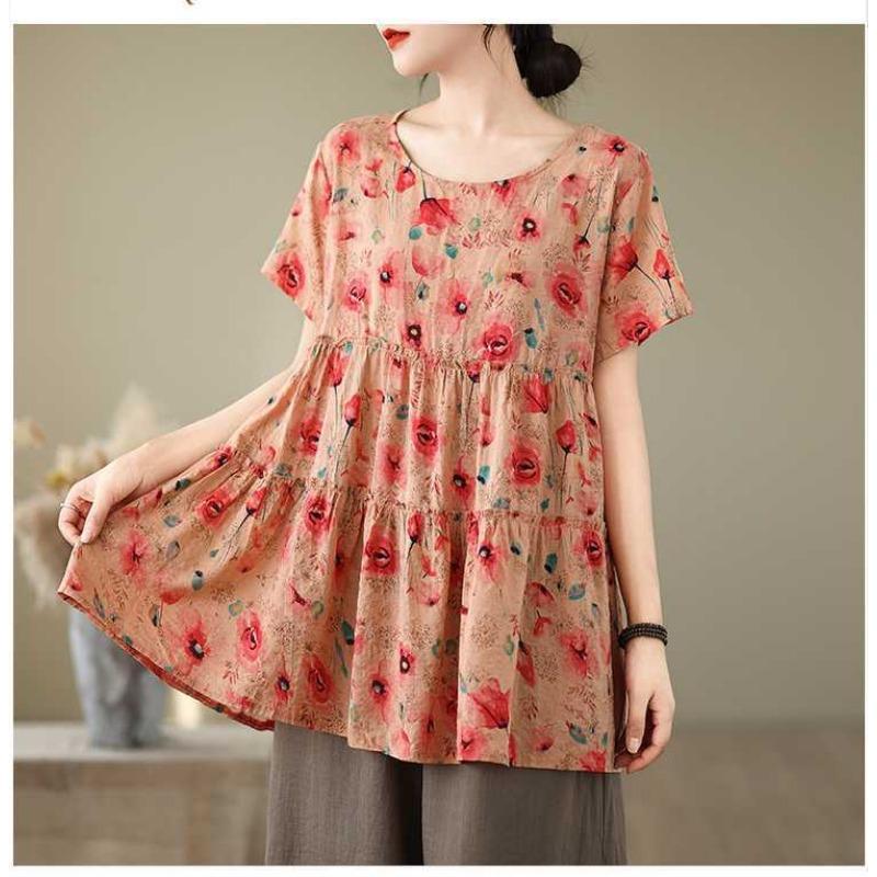 Neues bedrucktes gespleißtes Baumwollleinen Kurzarm-T-Shirt Lockeres Oberteil für Damen