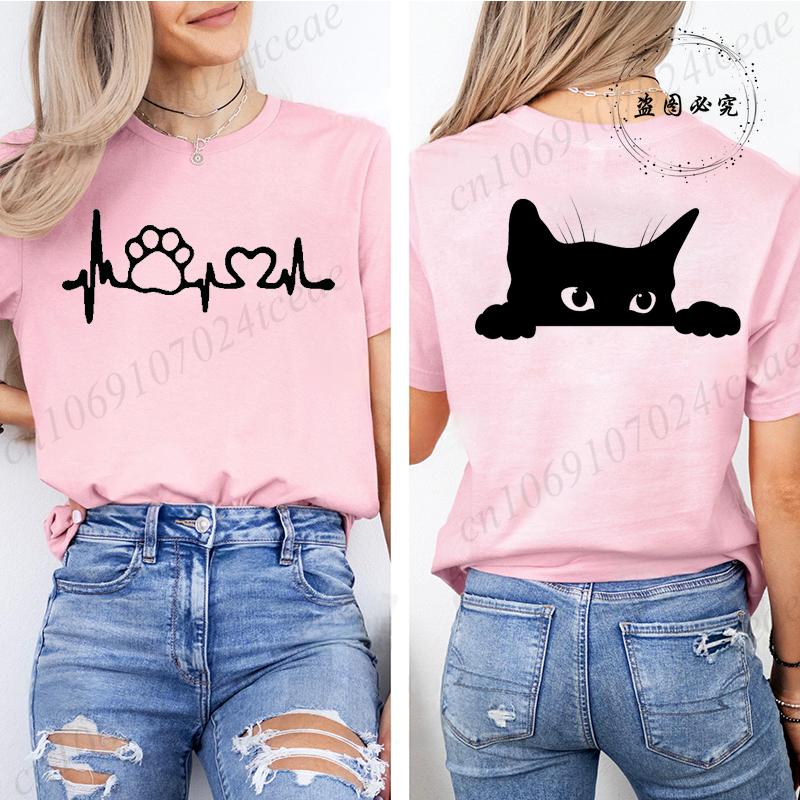 Cute Black Cat Print Crew Neck Womens TShirt Clothing Short Sleeve Casual Tee Tops for All Season Cat Lover Womens Clothing