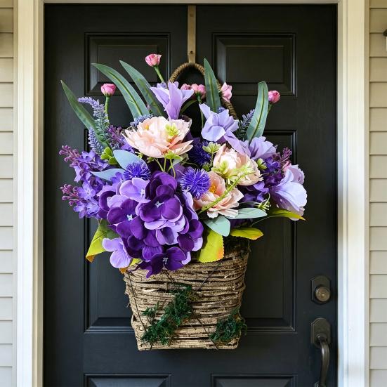 Artificial Flower Basket Farmhouse Floral Arrangement Rustic Faux Wildflowers for Outdoor Front Porch Spring Home Decor