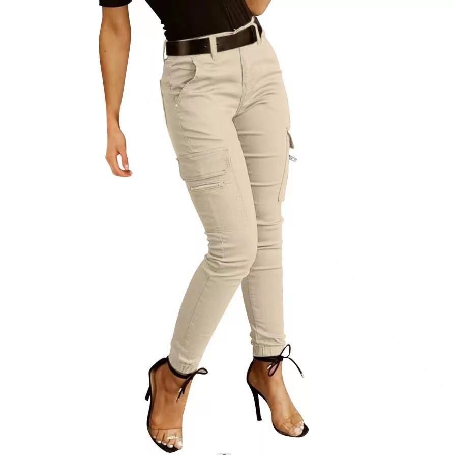 New European & American Women's Low-Waist Jogger Pants - Solid Color, Buttoned, Pocket, Skinny Fit