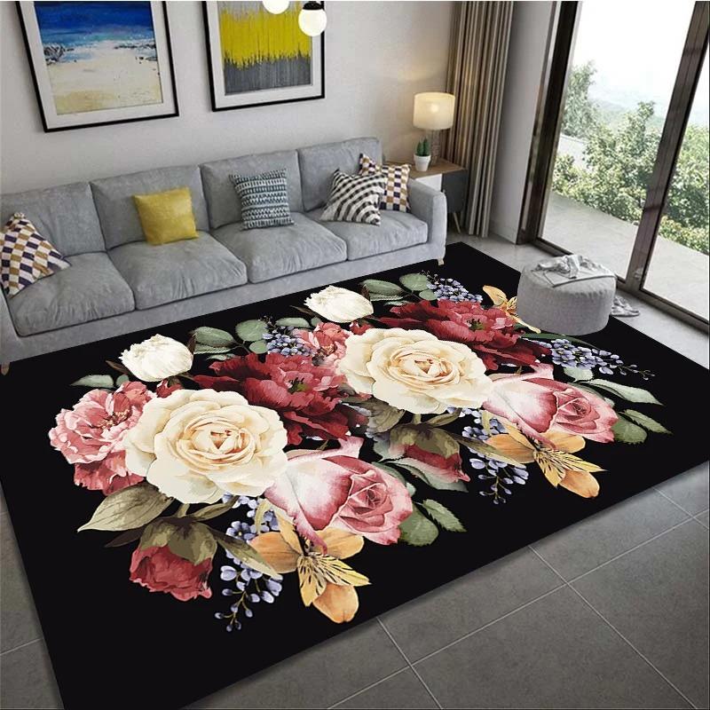 Romantic 3D Floral Pattern Carpet Home Bedroom Floor Decor Big Size Mat Non-slip Coffee Table Area Rug Bathroom Washable Doormat