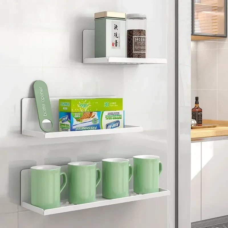 Kitchen Fridge Organizer Rack Magnetic Refrigerator Storage Shelf Wall Mounted Spice Rack Punch-Free Hanging Water Cup Holder