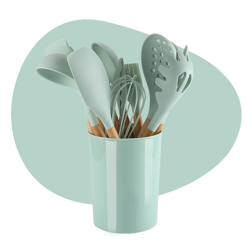 Cooking non-stick pan with storage bucket Silicone kitchen utensils set Silicone spatula spoon 12-piece set Wooden handle kitchen utensils set Cooking