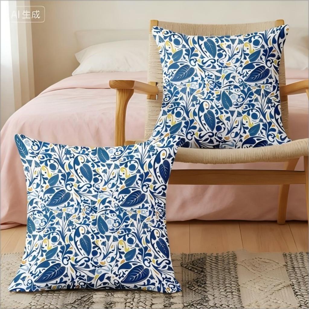 2 Pack White Blue Yellow Boho Paisley Pillow Covers Double Sided Print Botanical Leaf Cushion Cases Home Decor