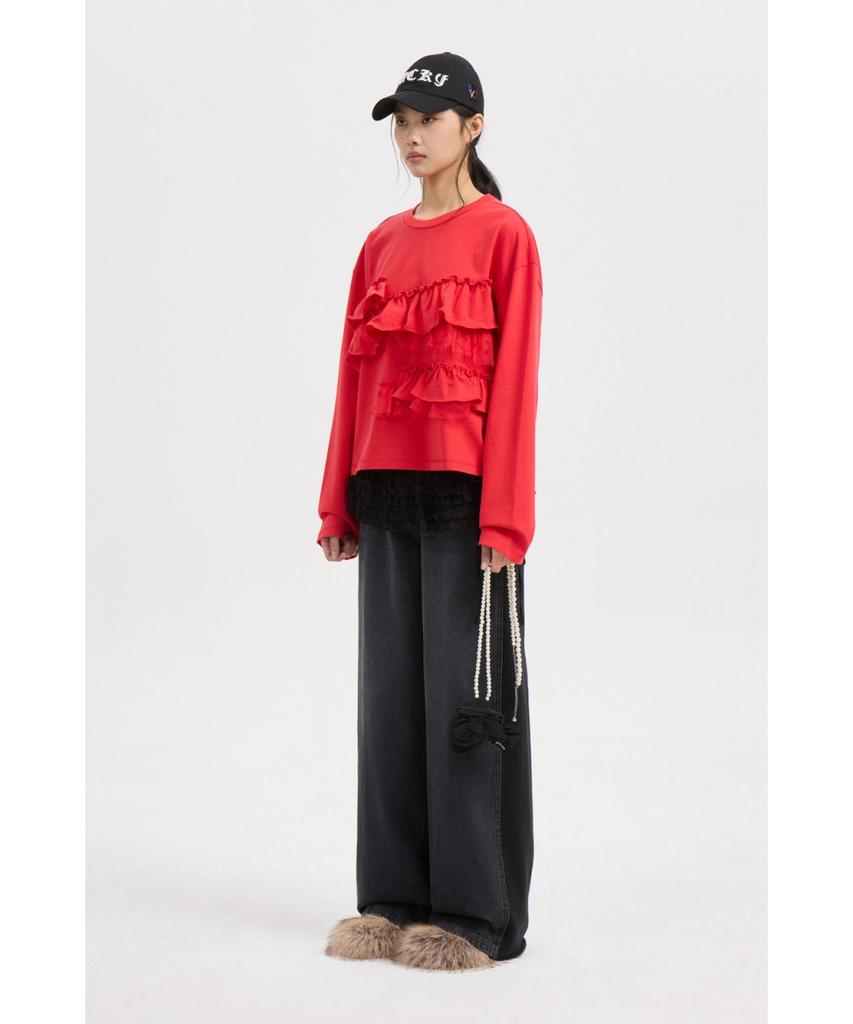 LUCKY CHOUETTE Frill Point Standard Fit Long Sleeve T-Shirt (Red) Lftaw25420Rex