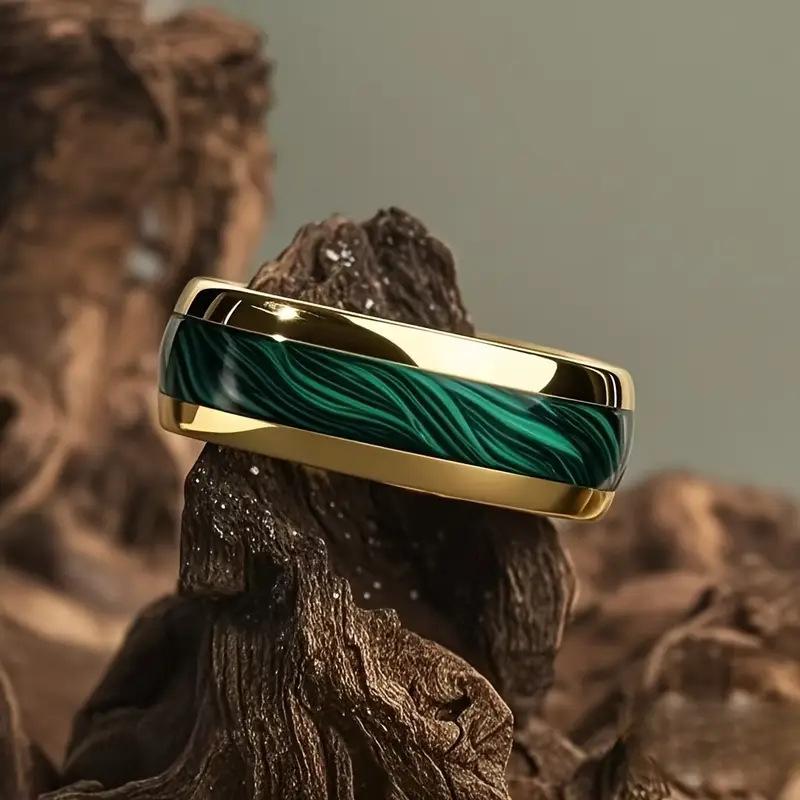 Men Green Abalone Shell Inlay Rings  8MM Gold Color Stainless Steel Rings For Wedding Engagement Jewelry