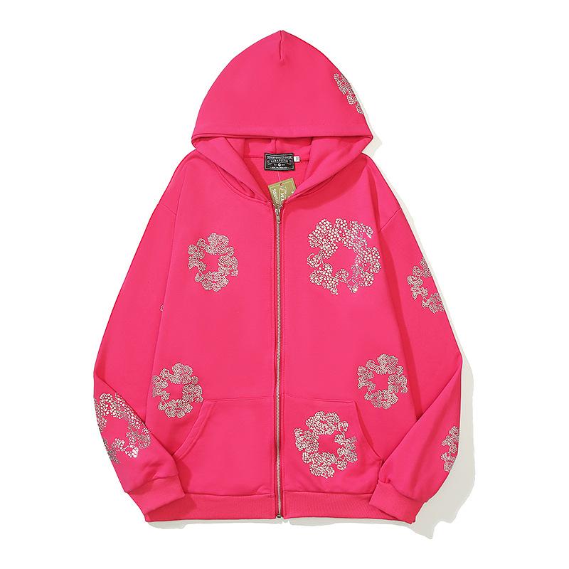 2025 High Street Hip Hop Vintage Kapok Cristal Diamante Fierbinți Fermoar Piept Jachetă Pulover cu Glugă Val