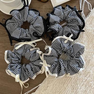 Women Large Scrunchies Black White Checked Plaid Scrunchie Ponytail Holder Tie Hair Hoop Scrunchy Rubber Band Hair Accessories