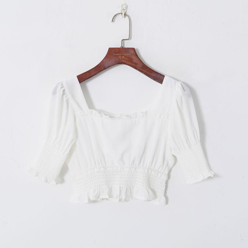 

2023 Summer Women s Fresh Solid Color Sweet Square Collar Puff Sleeve Sexy Backless Lace up Elastic and Waisted Shirt White S