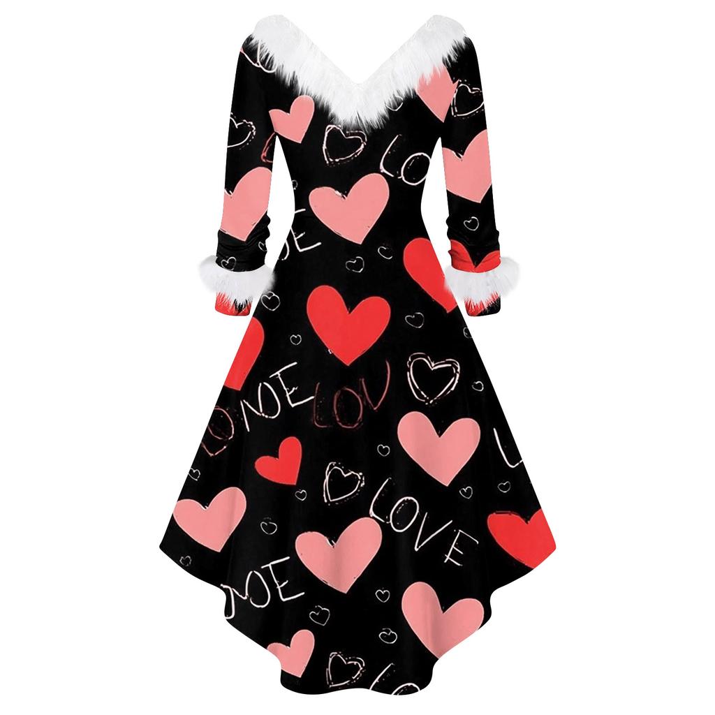 Damen stilvolles und elegantes langärmeliges V-Ausschnitt Kleid mit Valentinstags-Herzprint
