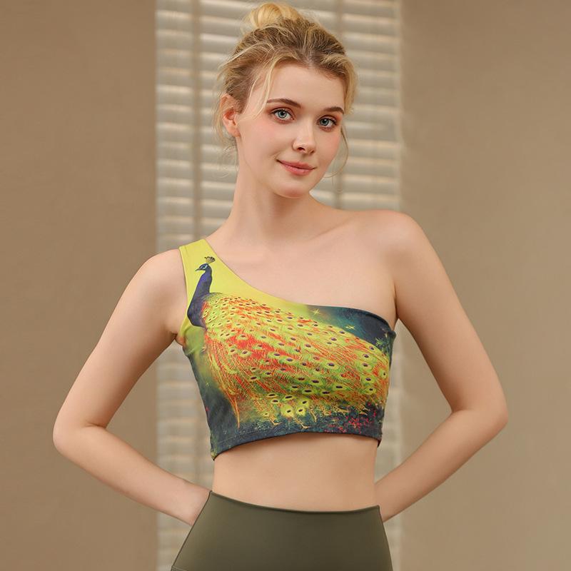 

Женский асимметричный костюм для йоги на одно плечо со спортивным бюстгальтером с нагрудными вкладышами - Жилет с принтом в европейском и американском стиле Large